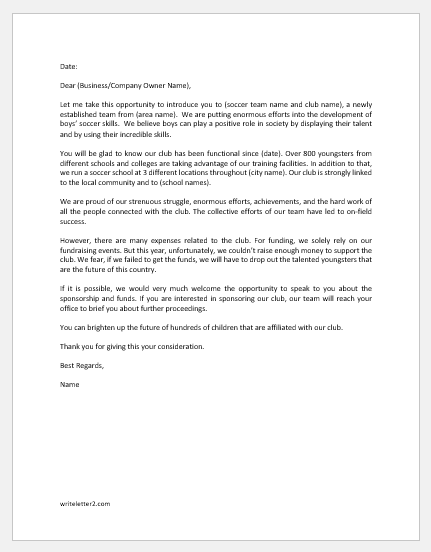 Sponsorship Request Letter for Soccer Team | Download FREE