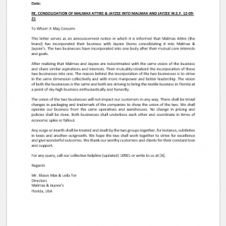Business incorporation notice letter