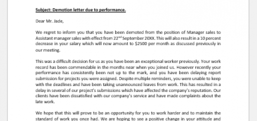Demotion Letter due to Performance