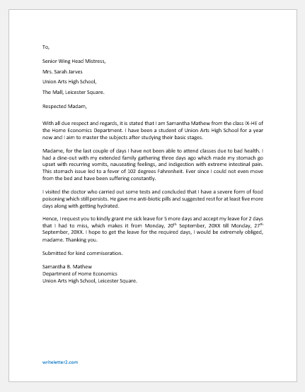 Leave Letter to School for not Feeling Well | Download