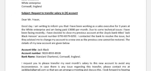 Letter to HR to Transfer Salary in Another Account