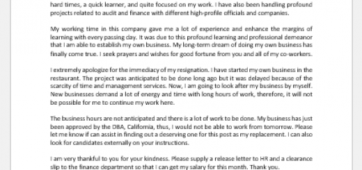 Resignation letter due to business opportunity