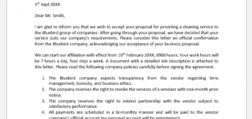 Vendor proposal acceptance letter
