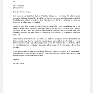 Complaint Letter against College Professor for Harassment