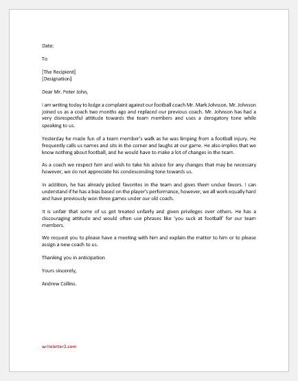 Complaint Letter To Principal About Coach 