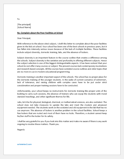 Complaint letter for poor facilities at school