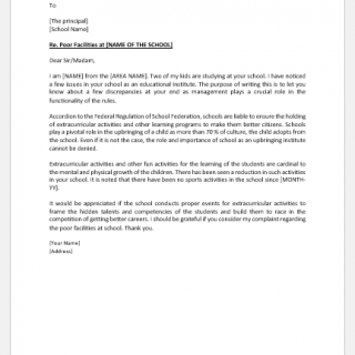 Complaint letter for poor facilities at school