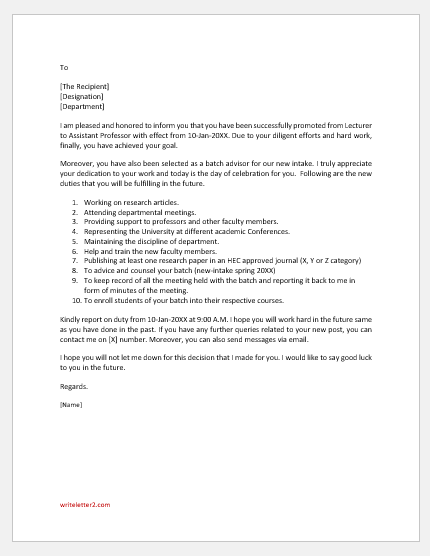 Promotion Announcement Letter to Employee | writeletter2.com