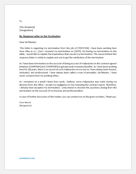 Response letter to termination of employment