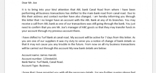 Change of bank details letter to supplier