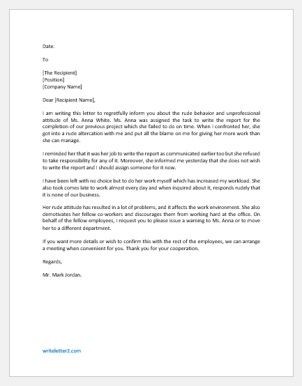 Complaint Letter for Rude Behaviour of Coworker | Download