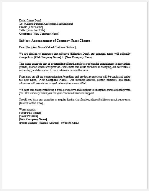 Company name change announcement letter