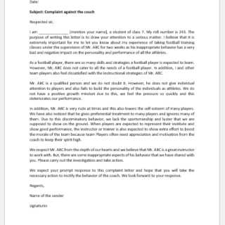 Complaint Letter to Principal about Sports Coach