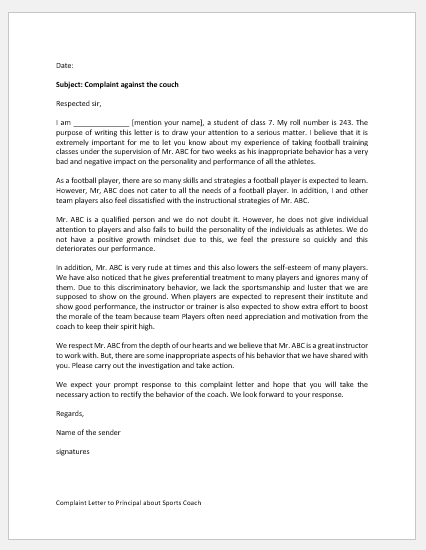 Complaint Letter to Principal about Sports Coach