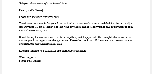 Acceptance Letter for a Lunch Event