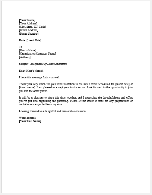 Acceptance Letter for a Lunch Event