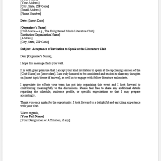 Acceptance letter of invitation to speak at a literature club