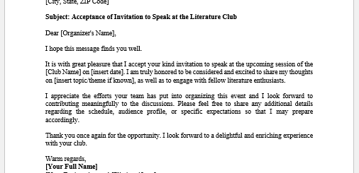 Acceptance letter of invitation to speak at a literature club