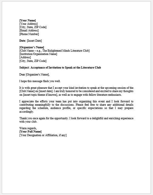 Acceptance letter of invitation to speak at a literature club
