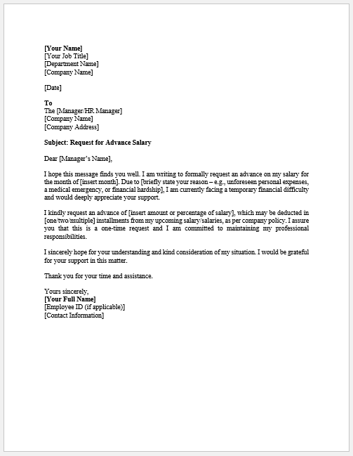 Advance Salary Request Letter