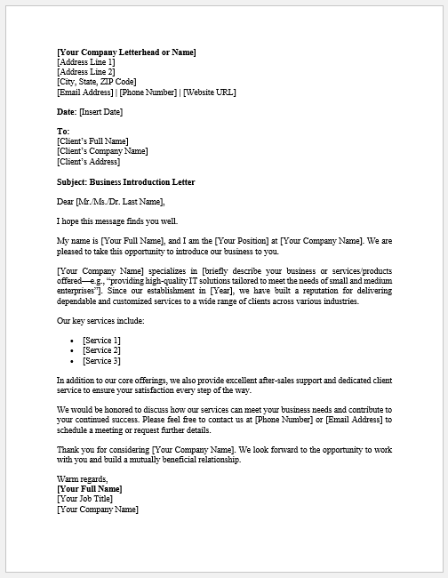 Business Introduction Letter to a Client