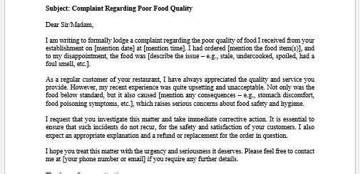 Complaint Letter about Food Quality