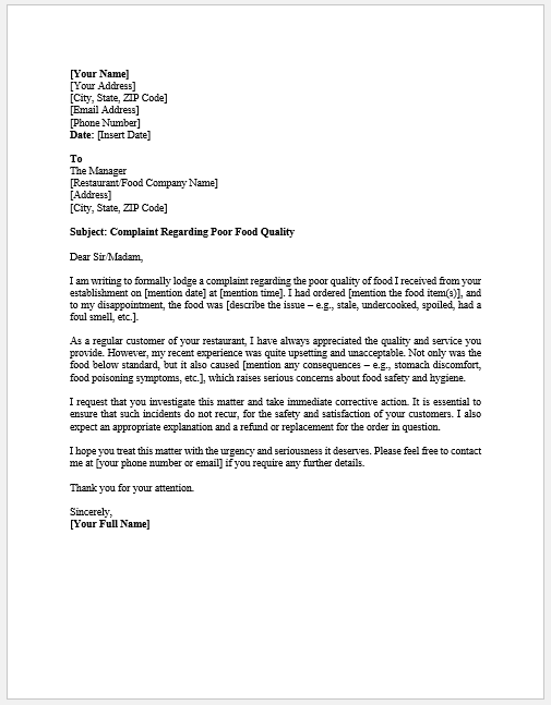 Complaint Letter about Food Quality