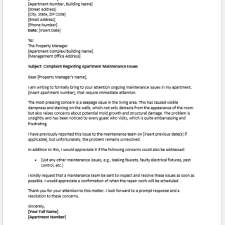 Complaint Letter for Apartment Maintenance