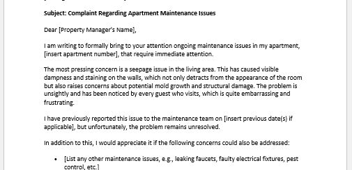 Complaint Letter for Apartment Maintenance