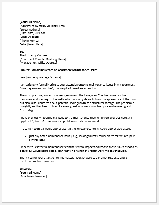 Complaint Letter for Apartment Maintenance