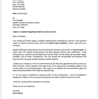 Complaint Letter for Health Insurance Services