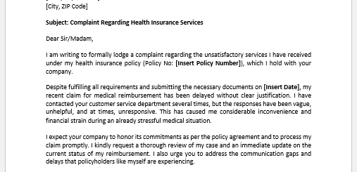 Complaint Letter for Health Insurance Services