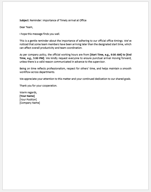 Email to Employees to Come Office on Time