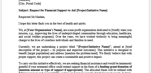 Letter Requesting Funds from Authorities