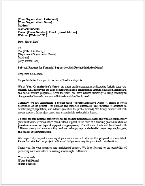 Letter Requesting Funds from Authorities