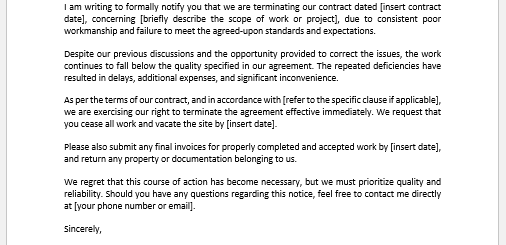 Letter to Cancel Contract for Poor Workmanship