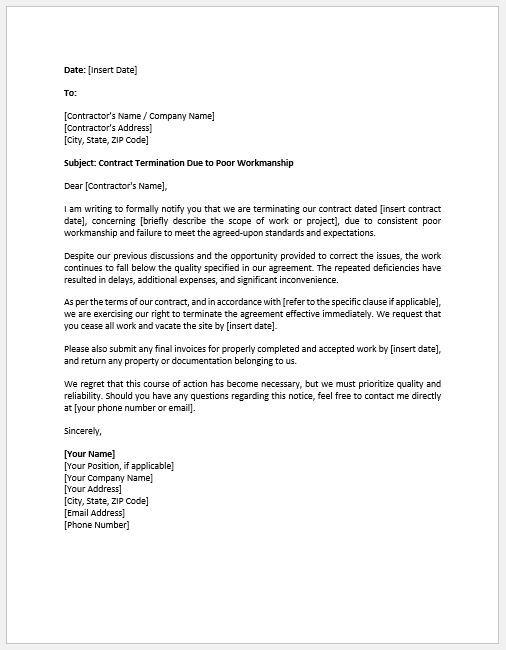 Letter to Cancel Contract for Poor Workmanship