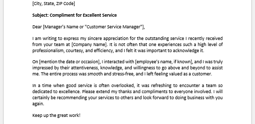 Letter to Compliment a Good Service
