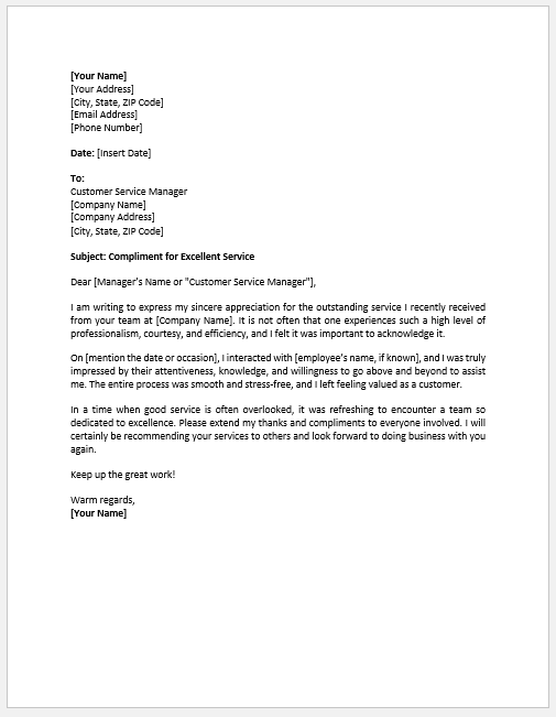 Letter to Compliment a Good Service